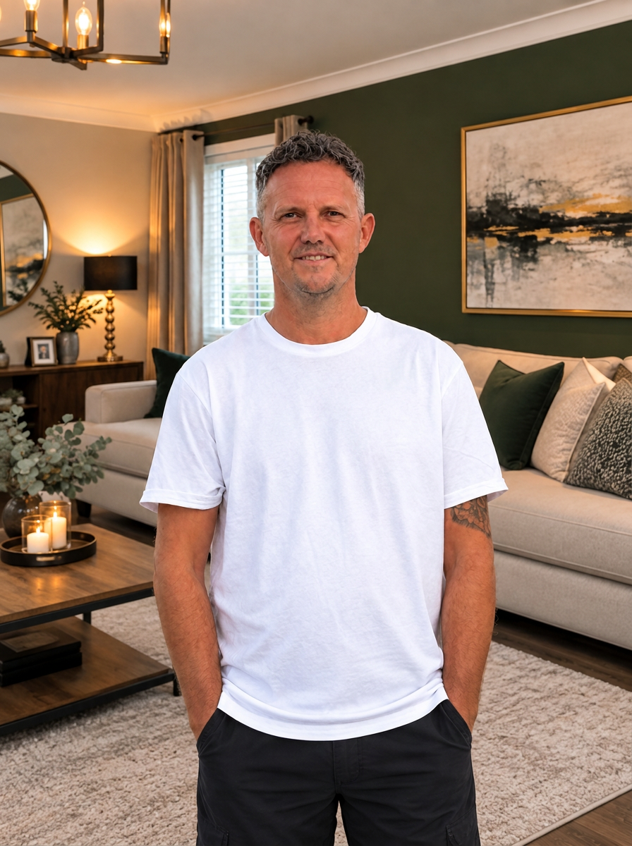 Kevin, professional painter and decorator in Worcestershire, wearing a branded That Paint Guy t-shirt